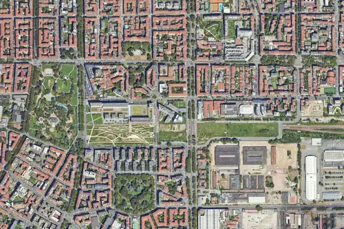 Aerial photograph of the Patch and its neighbouring lots in Milan, 2024, with a dashed outline around the Patch