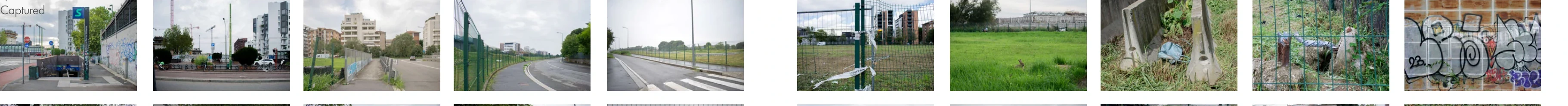 Panoramic sequence of ten photographs documenting paths, fences, vegetation, discarded objects, and graffiti at the Patch