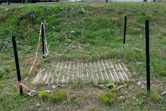 Grassy slope with black posts and a mesh drain cover