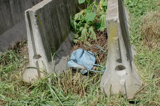 Concrete barriers in weeds with a discarded mask