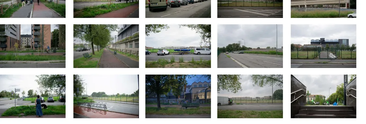 Fifteen photographs of paths, parking edges, fenced lots, transit infrastructure, and open views