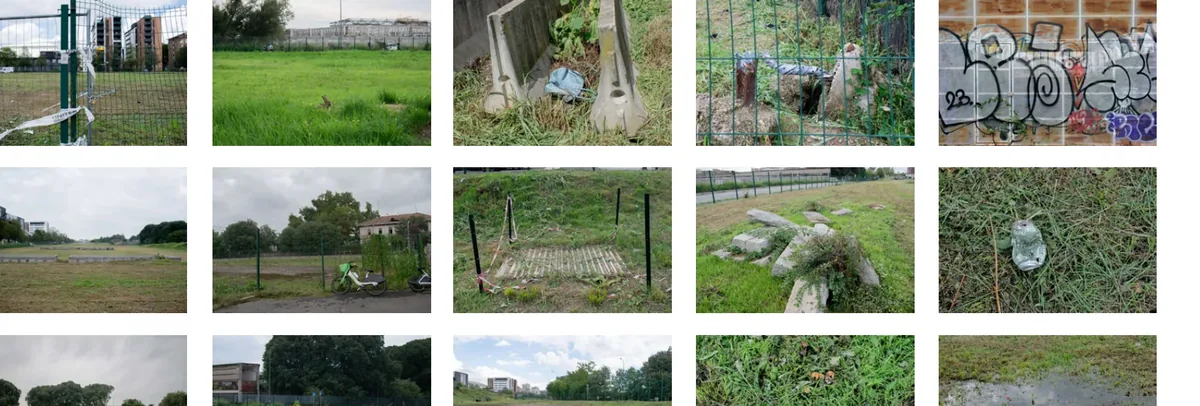Fifteen photographs of fences, open grass, discarded objects, informal paths, and disturbed ground