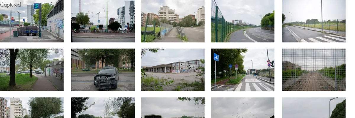Fifteen photographs of streets, crossings, fences, housing, traffic, and pedestrian routes around the Patch