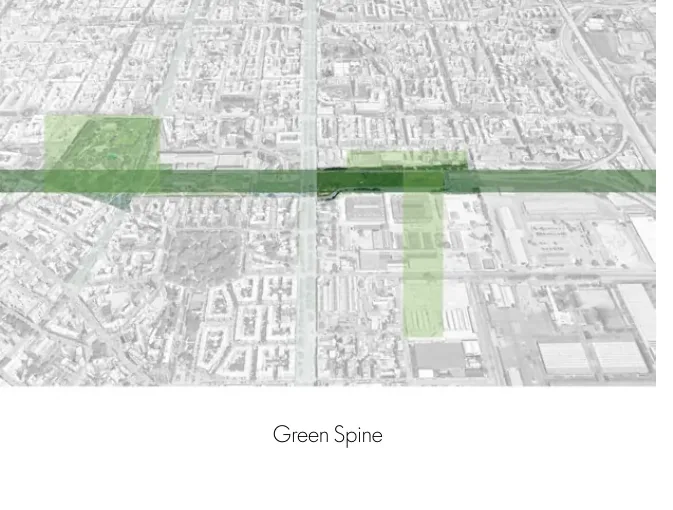 Green Spine aerial montage highlighting a continuous planted corridor through the city