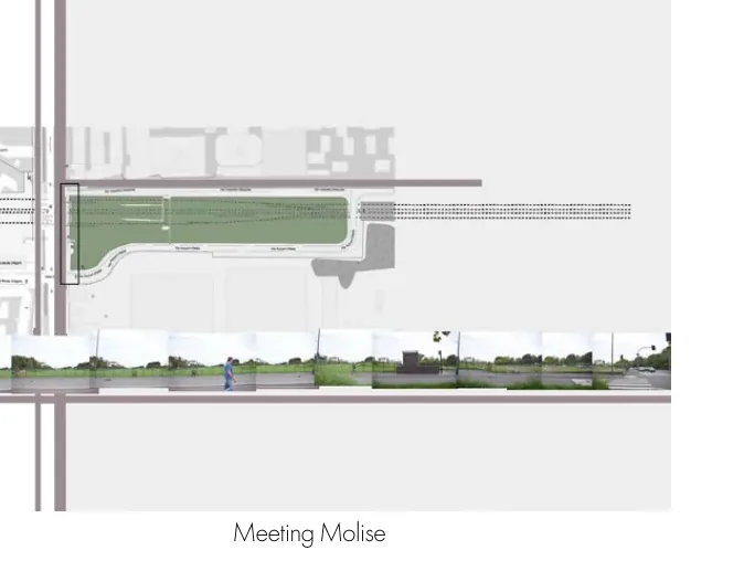 Meeting Molise montage pairing a site plan with a long planted public-space section
