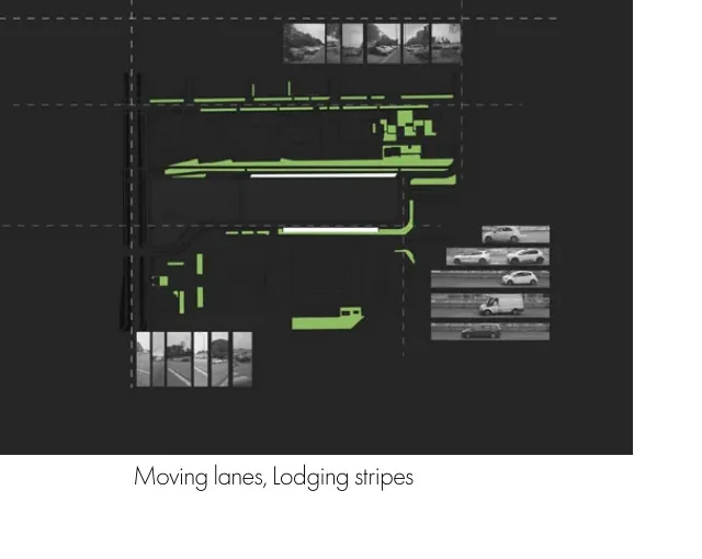 Dark analytical montage titled Moving lanes, lodging stripes with green route traces and photographic sequences