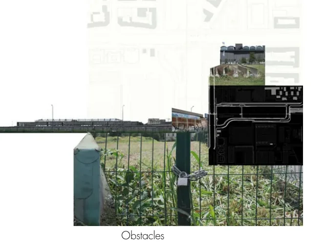 Obstacles montage combining a fence, infrastructure section, vegetation, and a wrapped post
