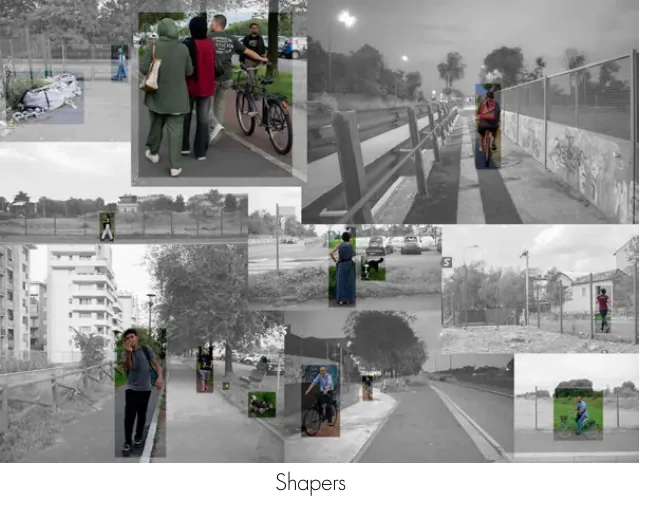 Shapers montage layering people and site activities over a monochrome field survey