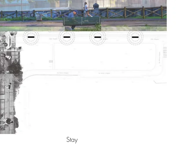 Stay montage combining a path plan with photographs of resting and movement
