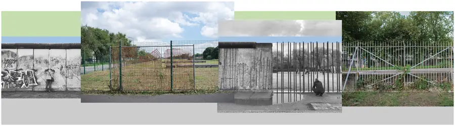 Panoramic montage of repeated fence photographs on pale green and grey bands