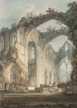 Watercolour of a ruined Gothic arch overgrown with vegetation