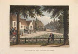 Hand-coloured illustration of a village street framed by trees, from a Repton Red Book