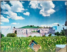 Collage of a white building standing in a cornfield under a blue sky