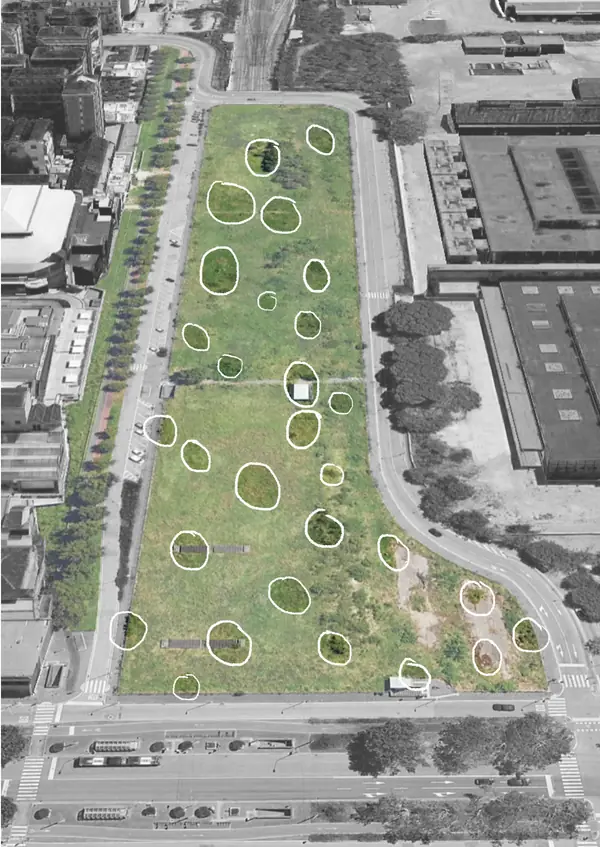 Aerial view of the Patch in grey tones with white outlines around areas of grass and ground