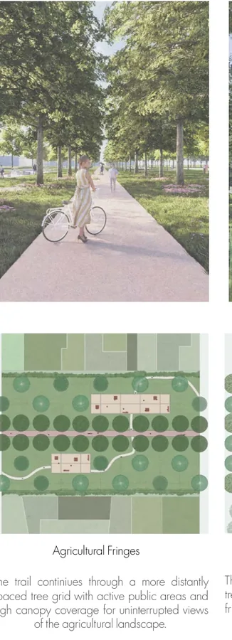 Perspective and plan of an agricultural fringe where the trail meets smaller productive plots and shared space