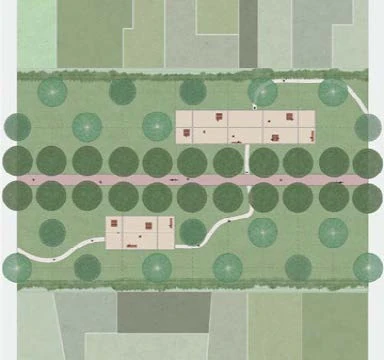Plan of the agricultural fringe showing the trail through a widely spaced tree grid beside smaller productive plots