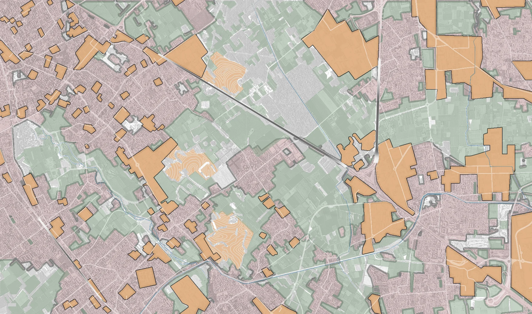 Analysis map overlaying the green clearing on the urban and industrial patchwork, showing that the clearing meets them with no transition between