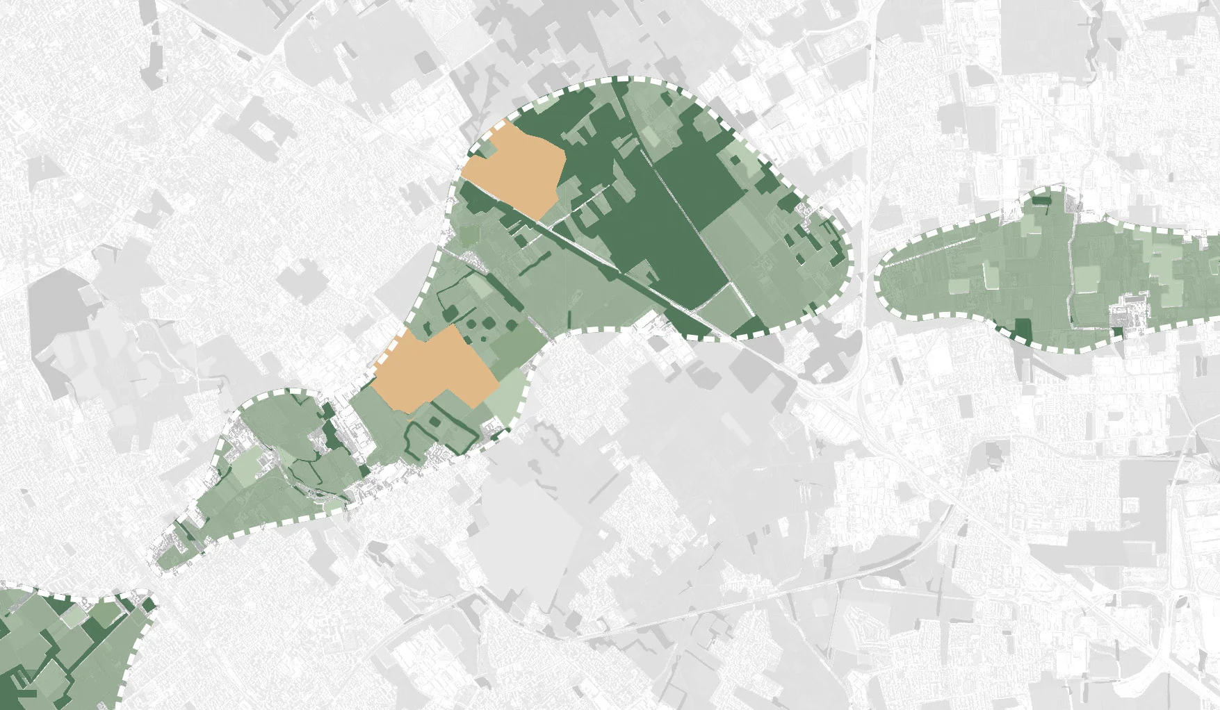 Analysis map in which the surviving green clearing is outlined with a dashed line and filled green, in three separate patches, among the grey built territory