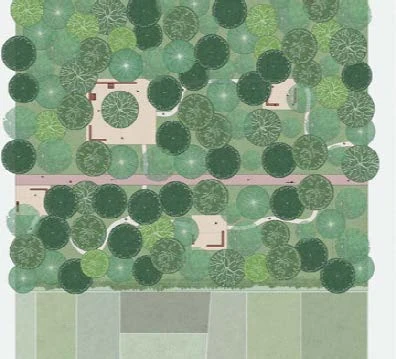 Plan of the Bosco fringe showing loosely planted trees and shrubs along the trail with small pocket spaces among them