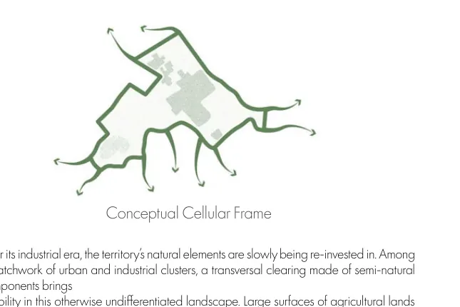 Concept diagram showing a planted cellular frame around protected open landscapes