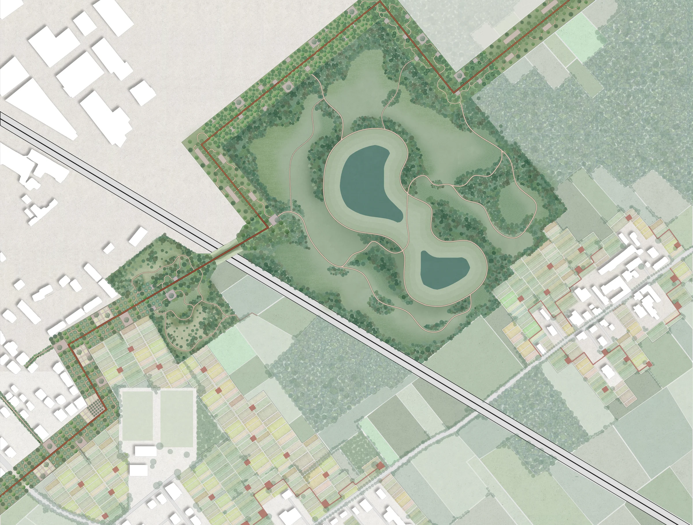 Detail plan enlarged from the upper-left part of the master plan: a planted frame with a red pathway beside the railway, a quarry turned into a landscape of two lakes with looping paths, and small farm plots gathered around a settlement