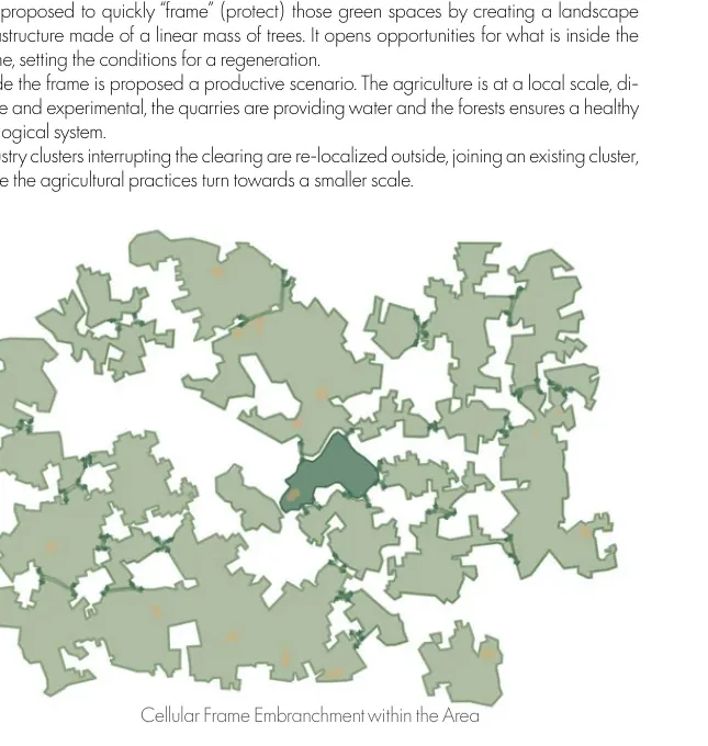 Branching cellular frame extending through fields, woodland, quarry landscapes, settlements, and infrastructure