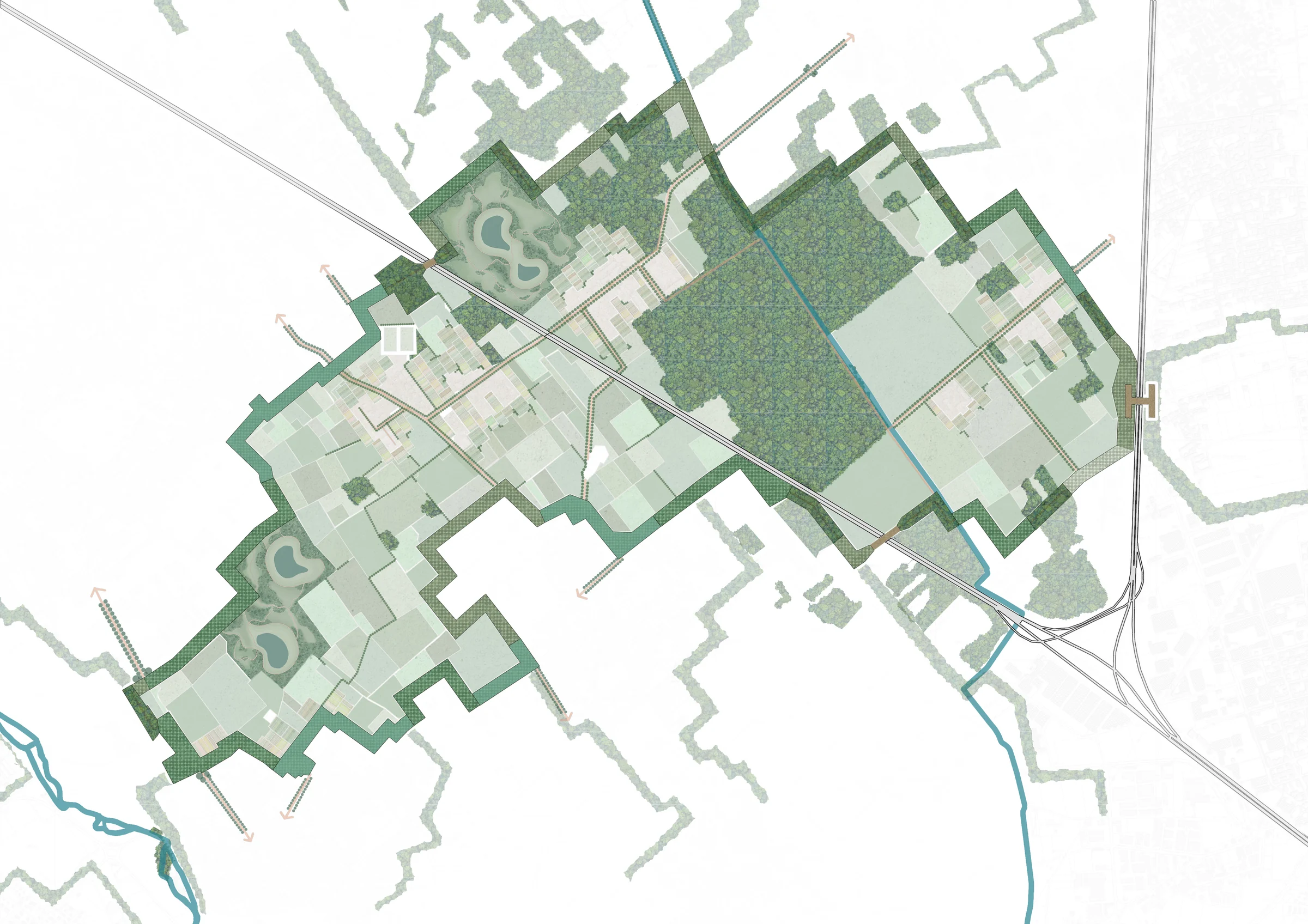 Plan at twenty years: the frame is a thicker band of woodland, the quarry lakes are planted and green fringes start to extend outside the site