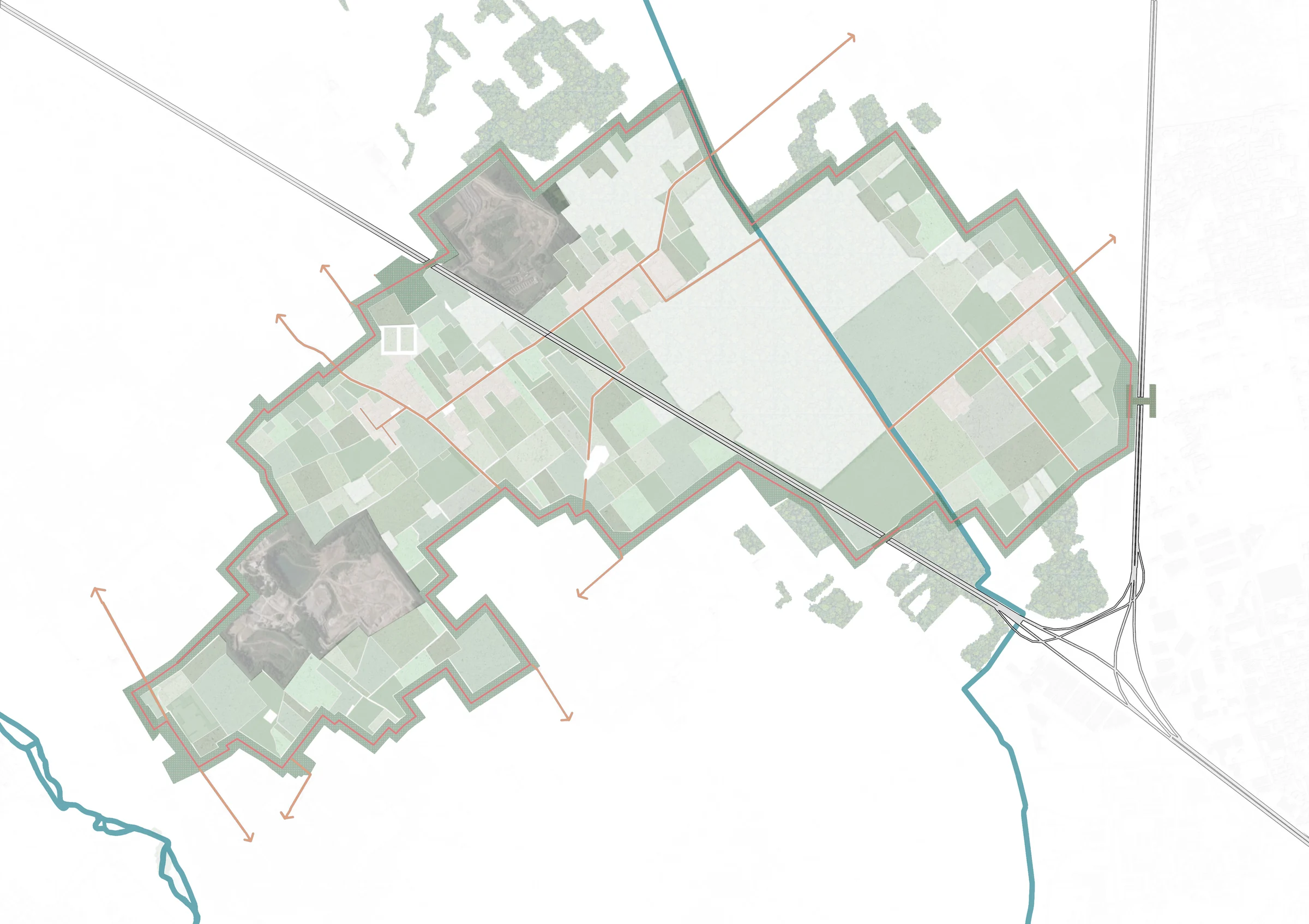 Plan at five years: the frame is a thin planted line and the quarries and fields are only beginning to change