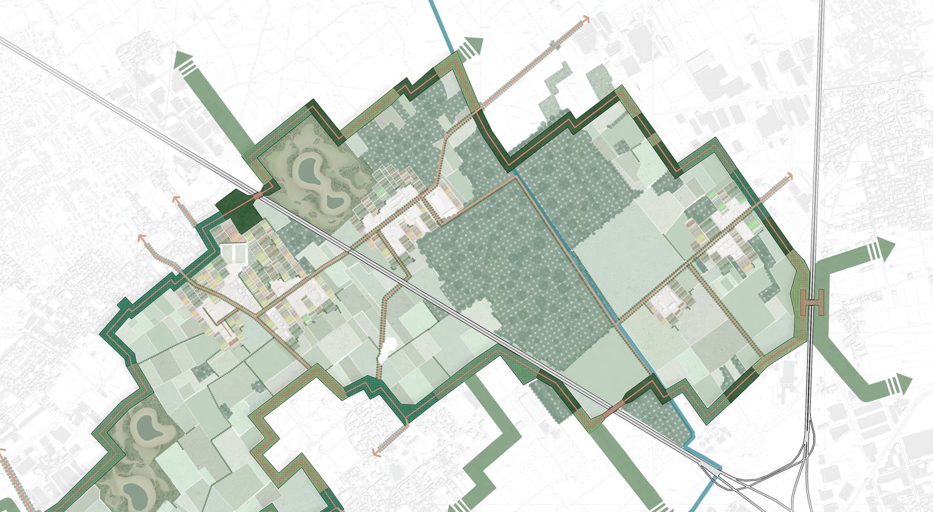 Aerial diagram of the clearing between Milan and Varese mapping green corridors, paths, and surrounding fields