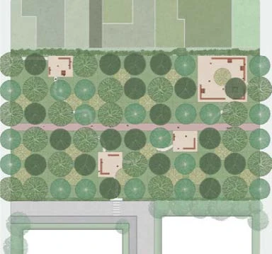 Plan of the industrial fringe showing a very dense grid of trees acting as a buffer along the trail, with small public clearings