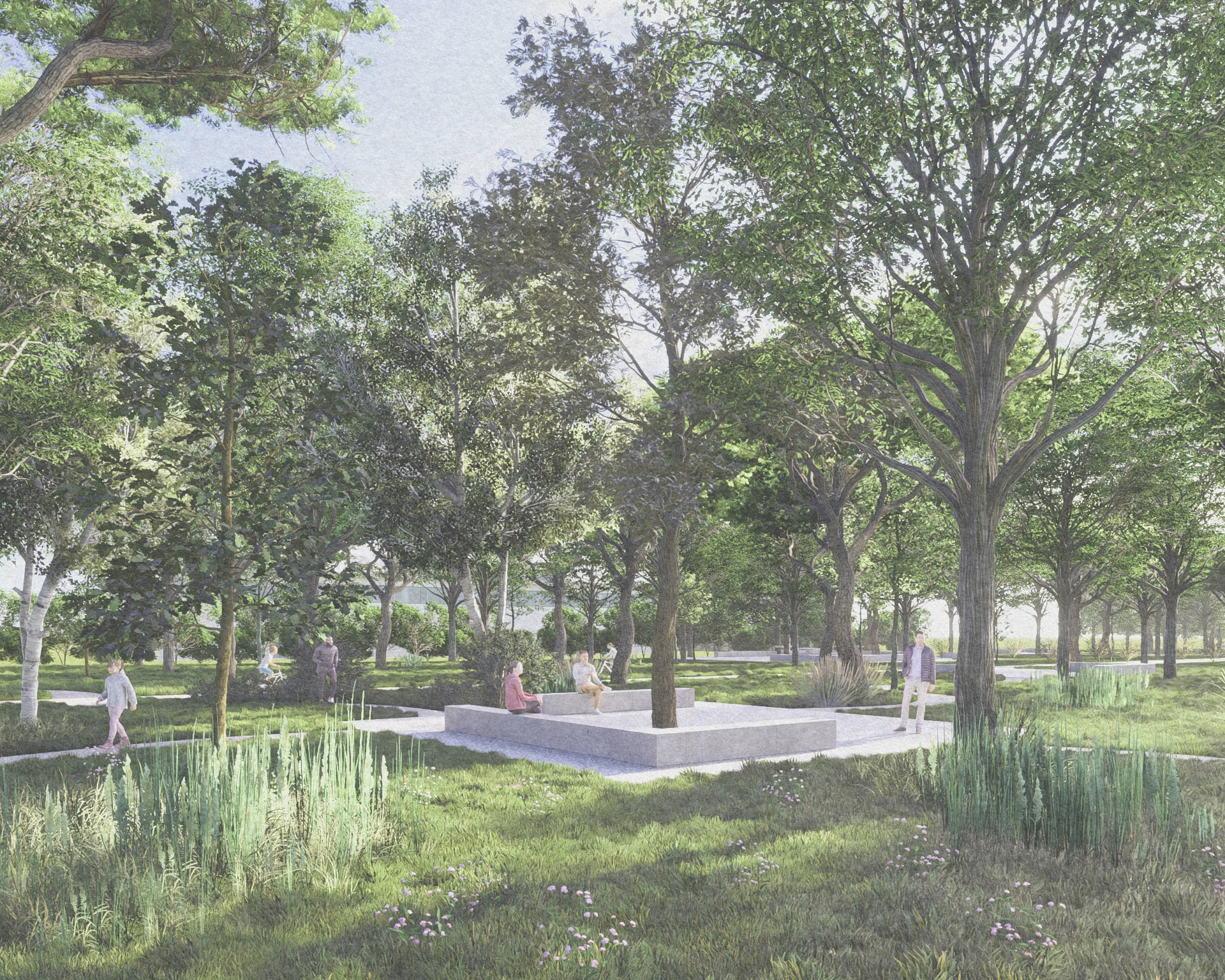 Perspective of the industrial fringe: a dense, orderly grove of trees around a square stone seat, with winding paths and people walking through