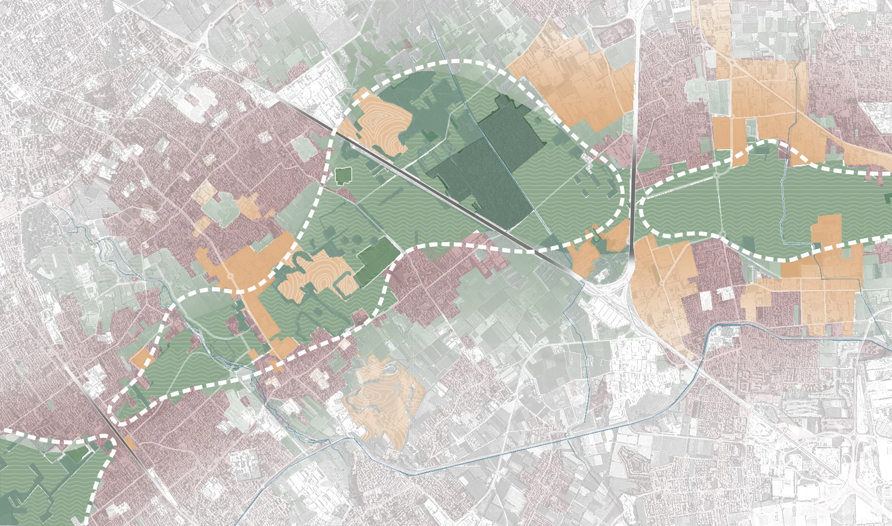 Inference plan tracing the transversal green clearing with a white dashed outline across the urban and industrial territory