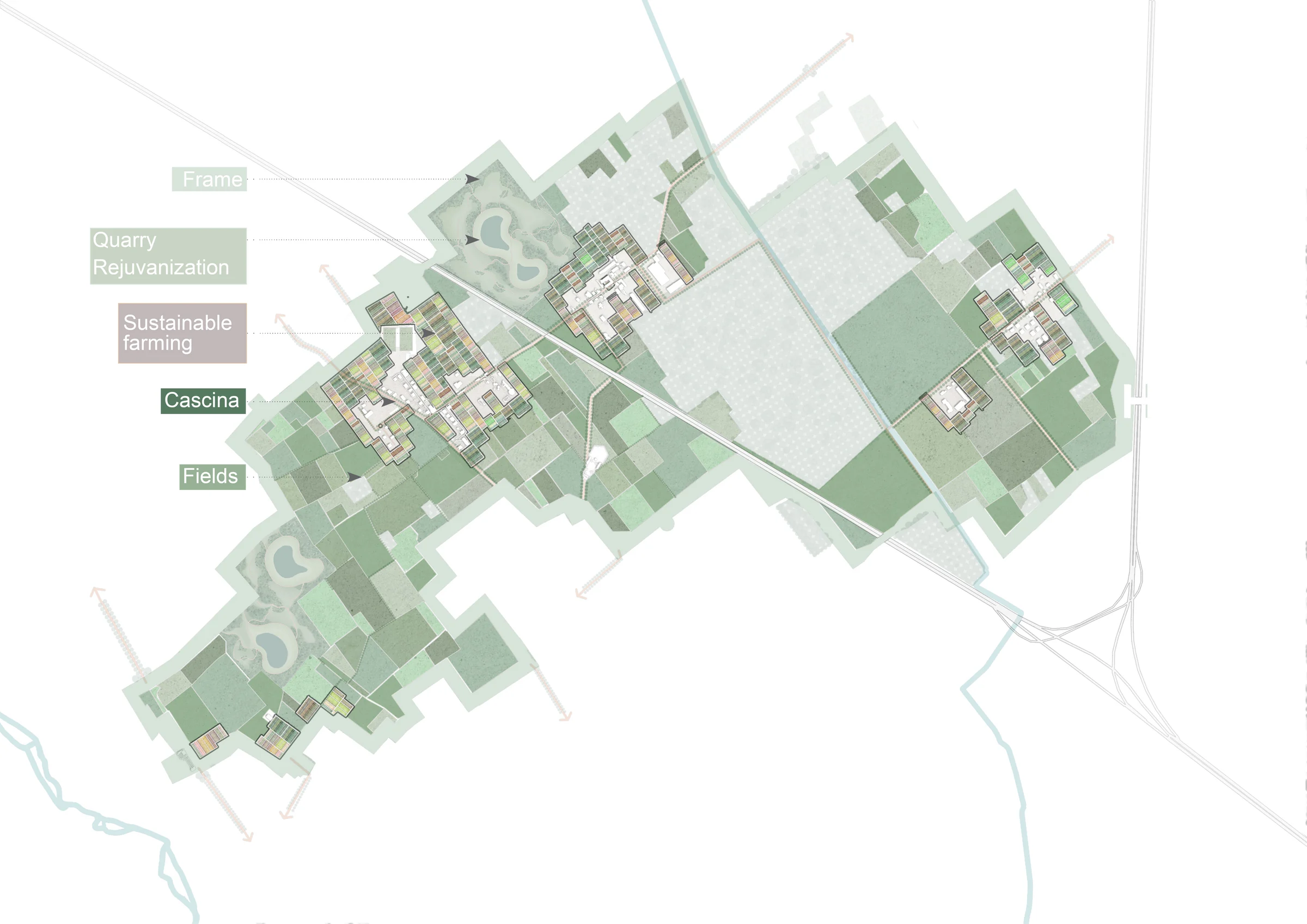 Plan of the productive system inside the frame: a patchwork of fields in many greens, small colourful farm plots clustered around three settlement nodes, two quarry lakes, and woodland