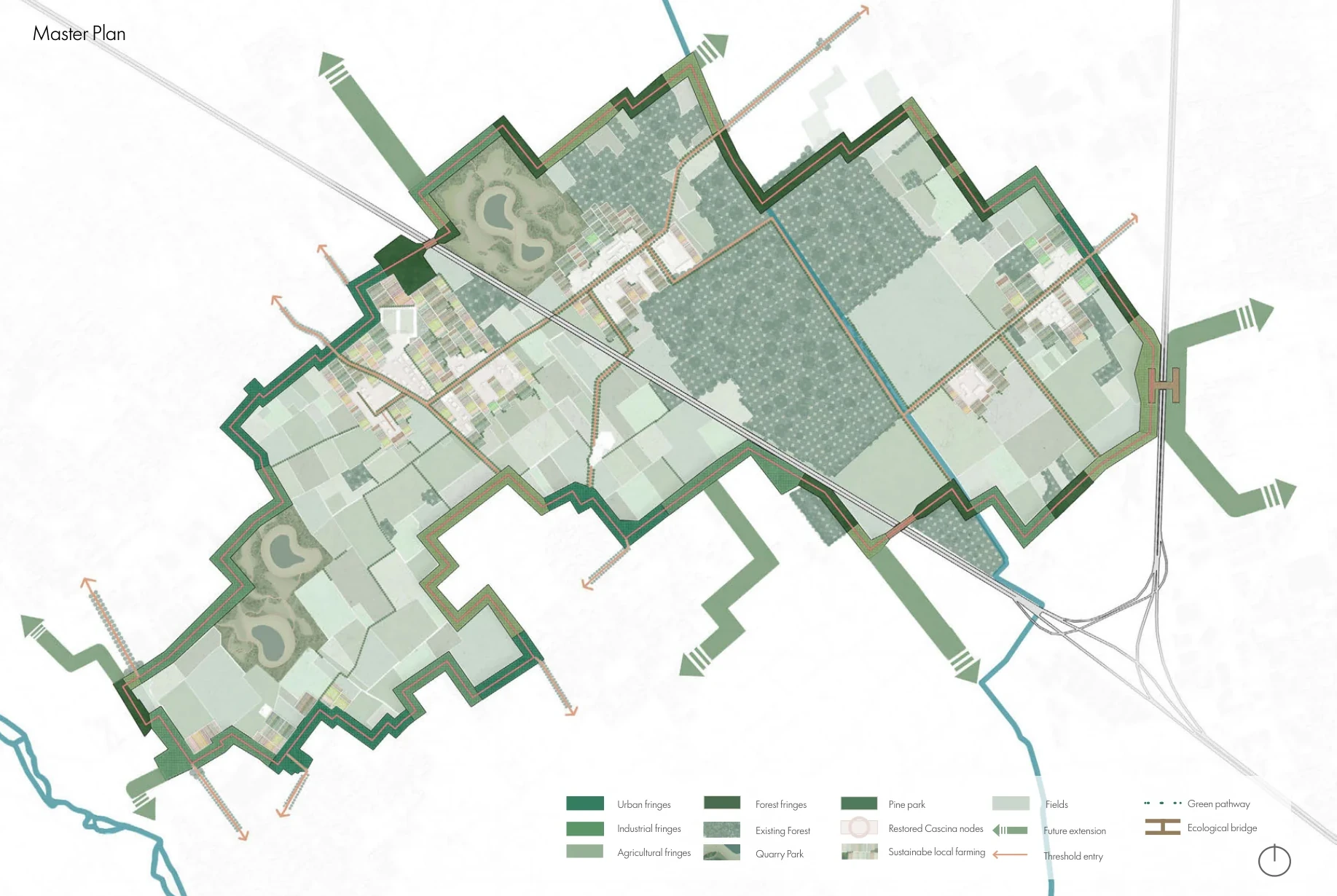 Master plan framing a transversal clearing between Milan and Varese with productive fields, woodland, quarry water, and public trails