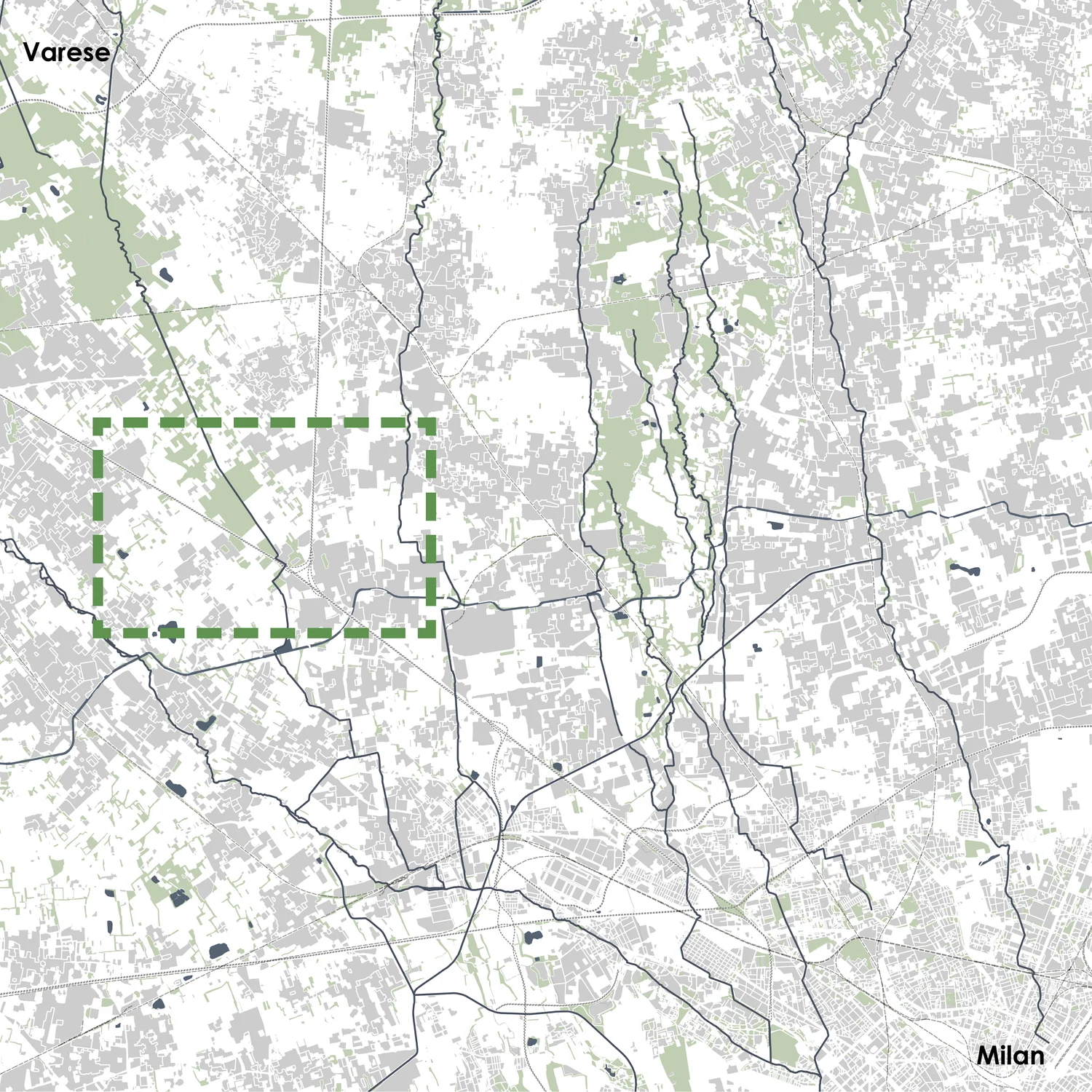 Regional map between Varese and Milan showing built-up areas in grey, remaining green land, rivers and streams, and the roads and railways that cut across them, with the study area outlined by a dashed green frame