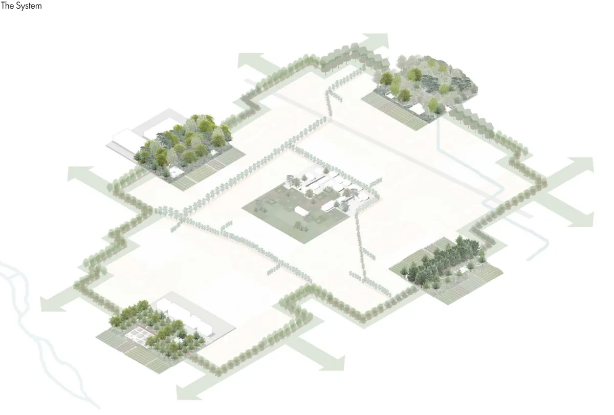 Long axonometric landscape section through settlements, planted frames, fields, quarry water, trails, and woodland