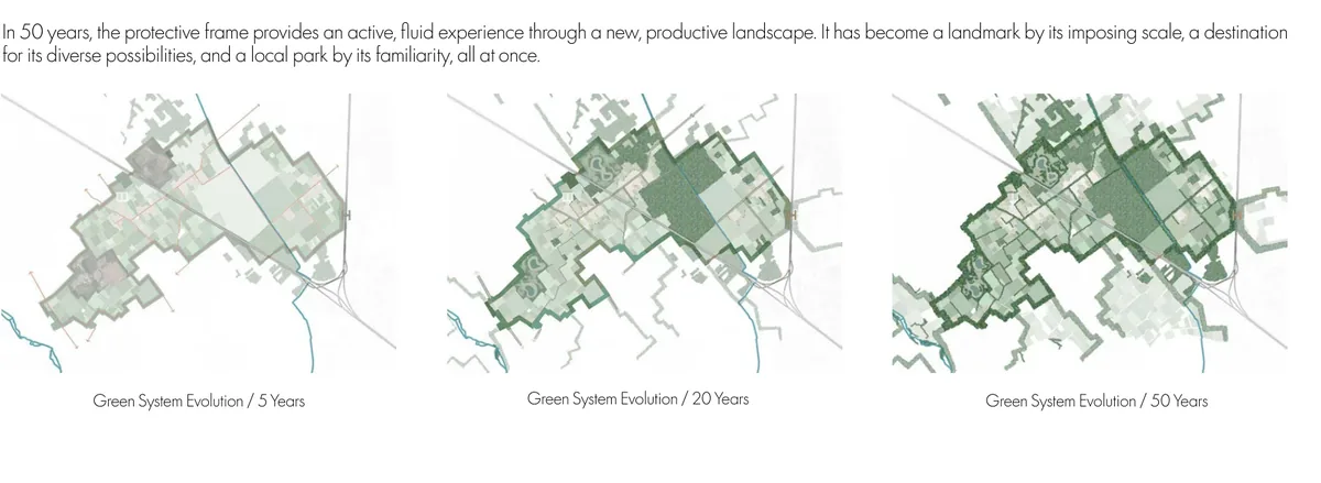 Three landscape plans showing the cellular system evolving at five, twenty, and fifty years