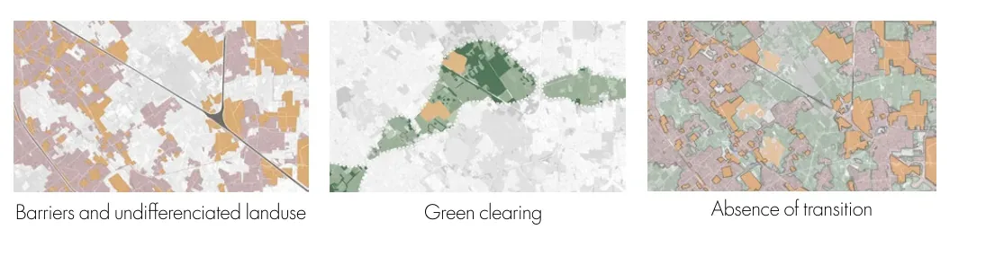 Three territorial diagrams identifying barriers, the green clearing, and missing transitions