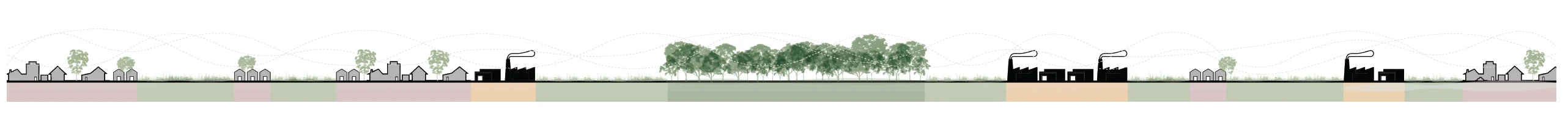 Long section of the typical landscape sequence: houses, factories and fields in a row, with a single dense woodland standing out near the middle