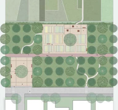 Plan of the urban fringe showing the tree grid, the trail running through the middle, a public plaza and community farming plots