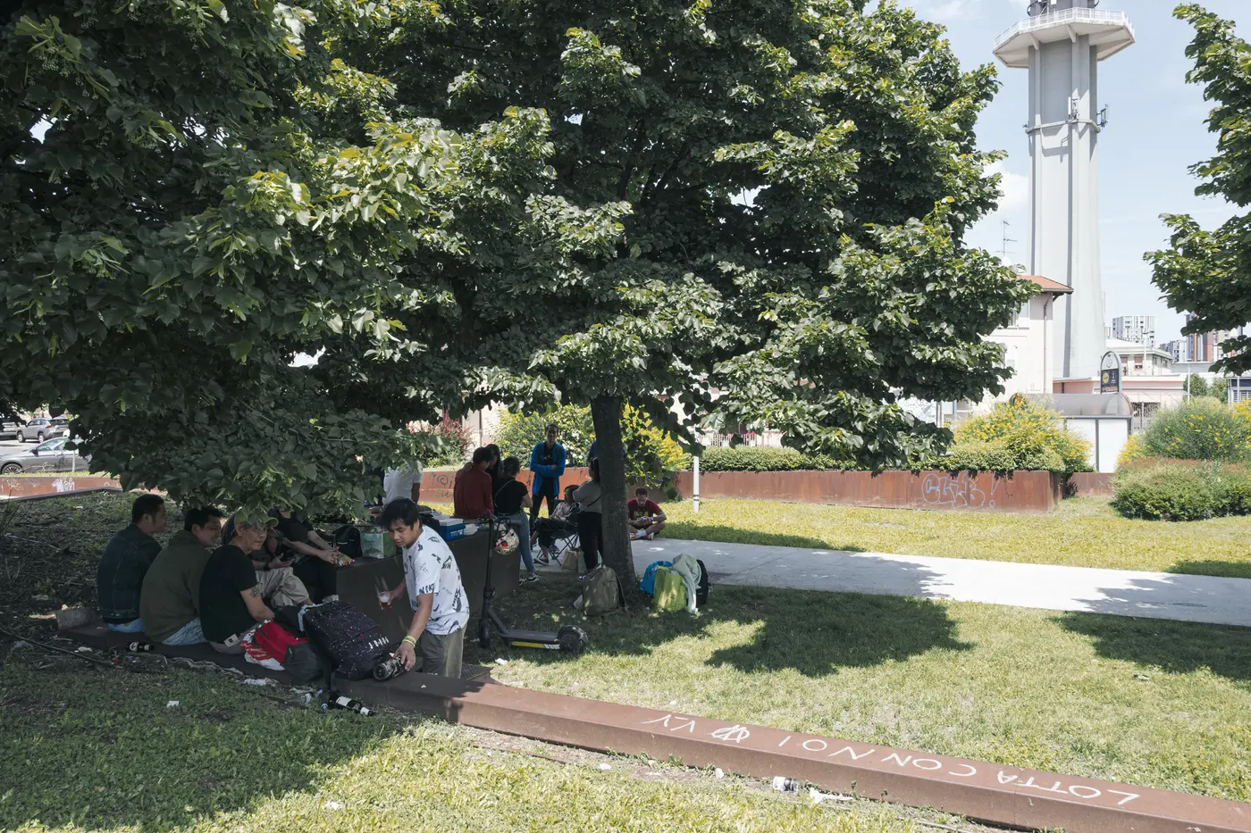 A small group gathering on a low wall beneath mature shade trees in a public green space