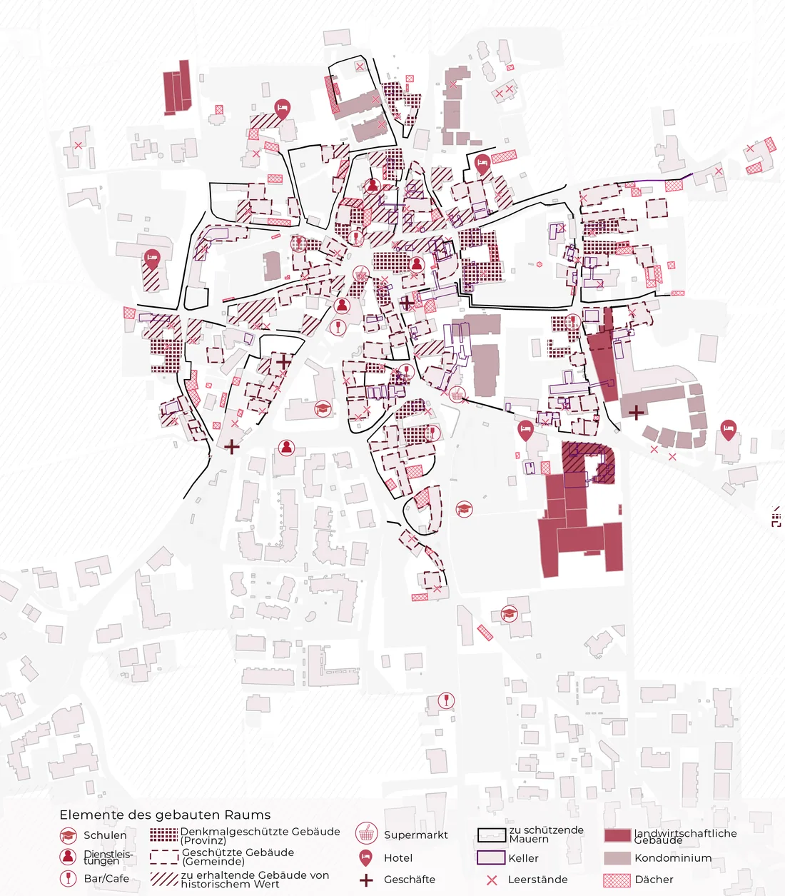 Plan of Girlan’s built space in wine red, with a German legend (Elemente des gebauten Raums) for protected and preserved buildings, walls to be protected, cellars, vacancies, shops, hotels, services, agricultural buildings, and condominiums