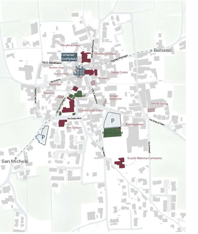 Girlan map locating public institutions, services, parking areas, green space, and links toward Bolzano and San Michele