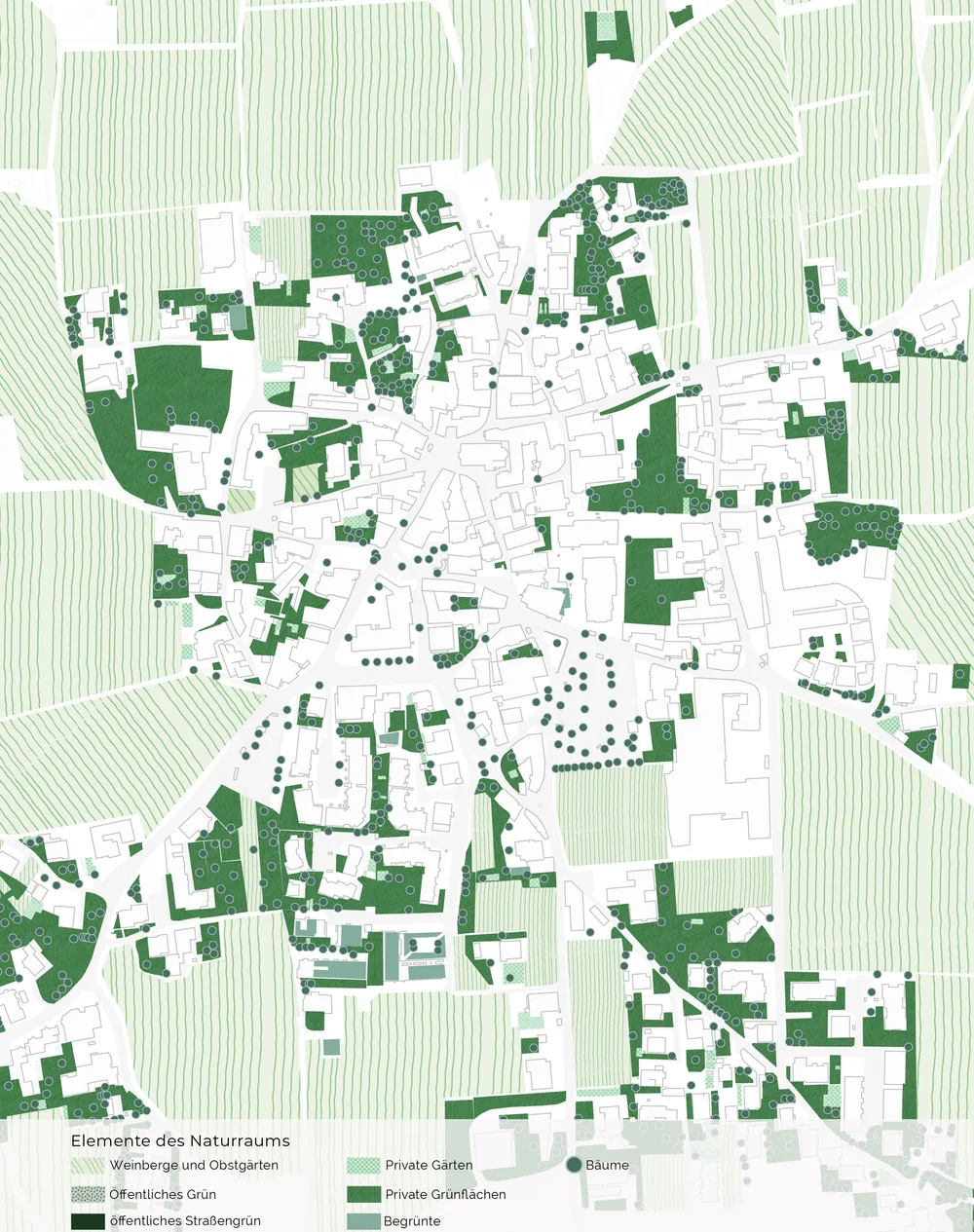 Plan of Girlan’s green space in green, with a German legend (Elemente des Naturraums) for vineyards and orchards, public green, public roadside green, private gardens, private green areas, trees, and one further category whose label is cut off in the source