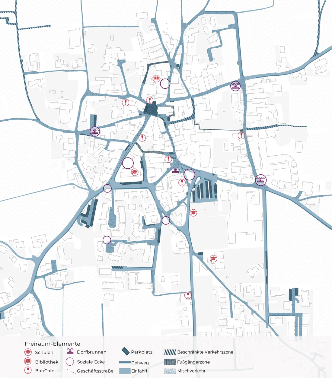 Plan of Girlan’s public space in blue, with a German legend (Freiraum-Elemente) for pedestrian zones, restricted and mixed traffic, walkways, parking, village fountains, social corners, schools, library, and bars and cafés