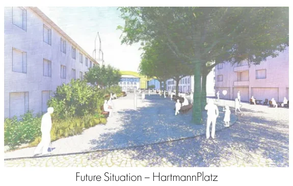Future planted passage at Hartmannplatz with seating, pedestrians, and surrounding buildings
