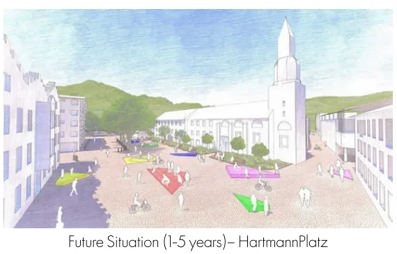 Near-term Hartmannplatz view with movable seating and programmed activity areas
