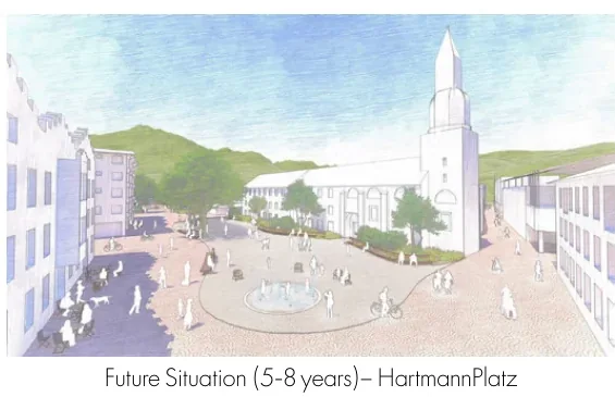 Medium-term Hartmannplatz view with a redesigned open square and central water feature