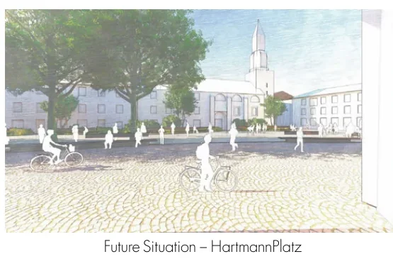 Future Hartmannplatz with an open church square, trees, and people walking and cycling
