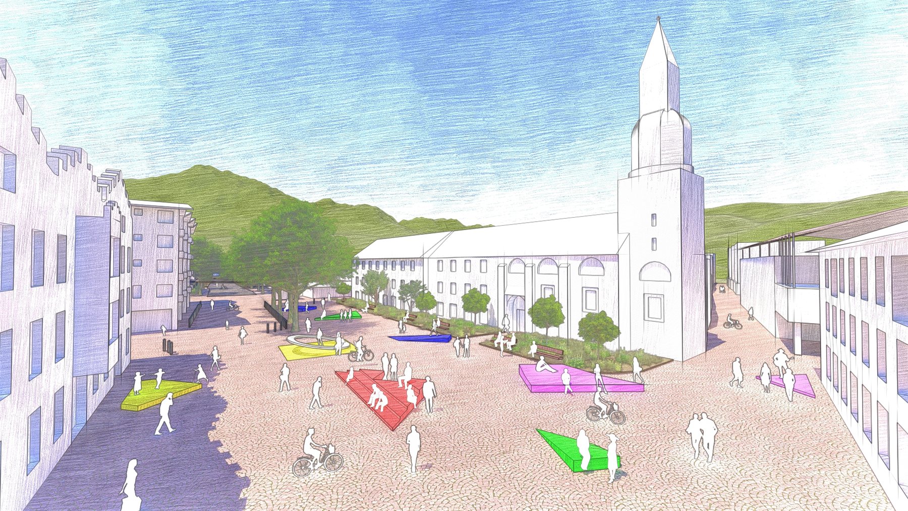Perspective rendering of the redesigned Hartmannplatz with the church tower, colored public spaces, and pedestrians